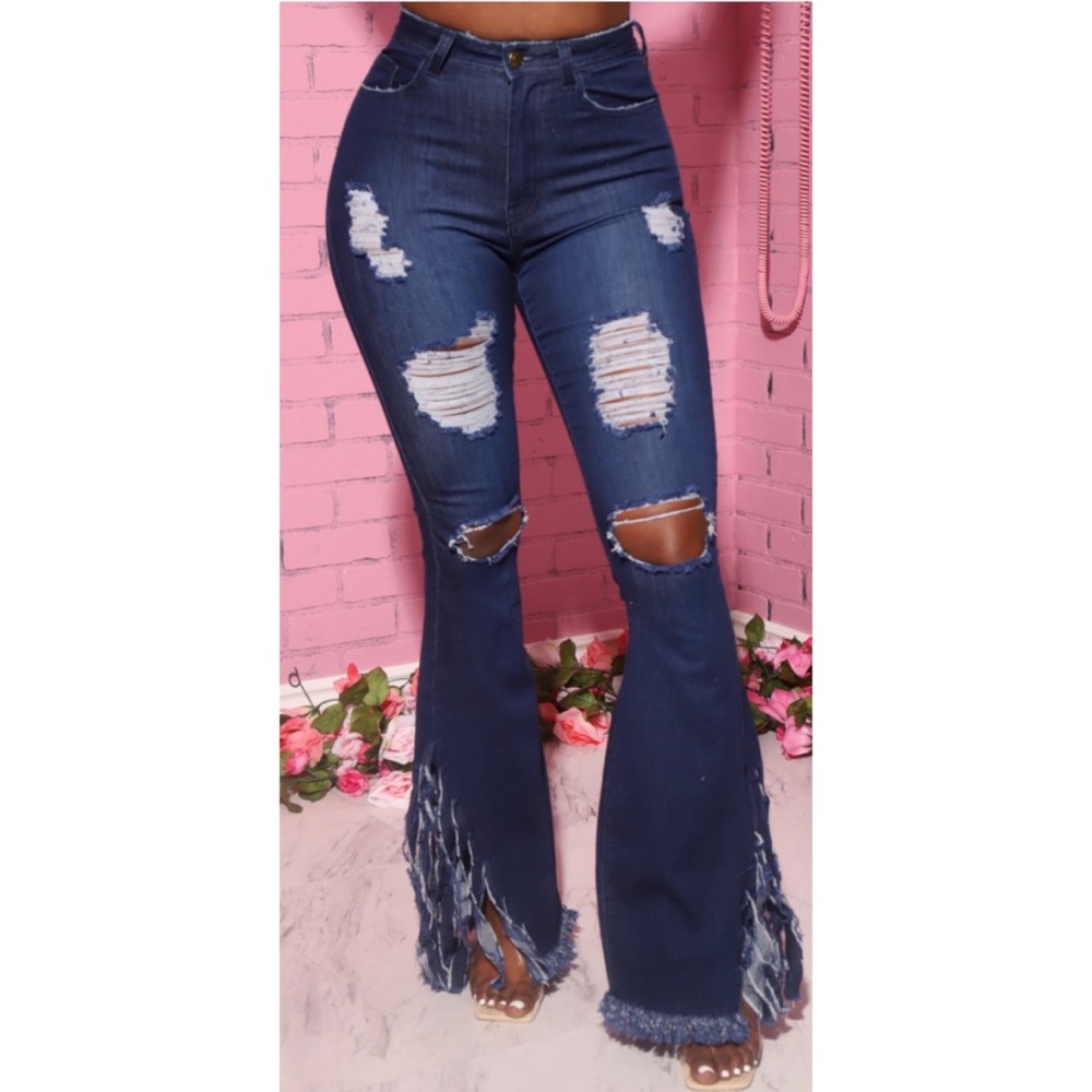 JC & JQ Ripped Cutout Fringe High Waist Flare Bell Bottom Jeans